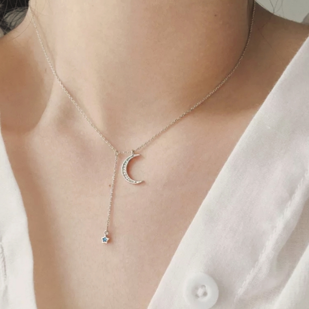 Pretty Silver Moon Blue Dangle Star Pendant Necklace - Picture 4 of 4